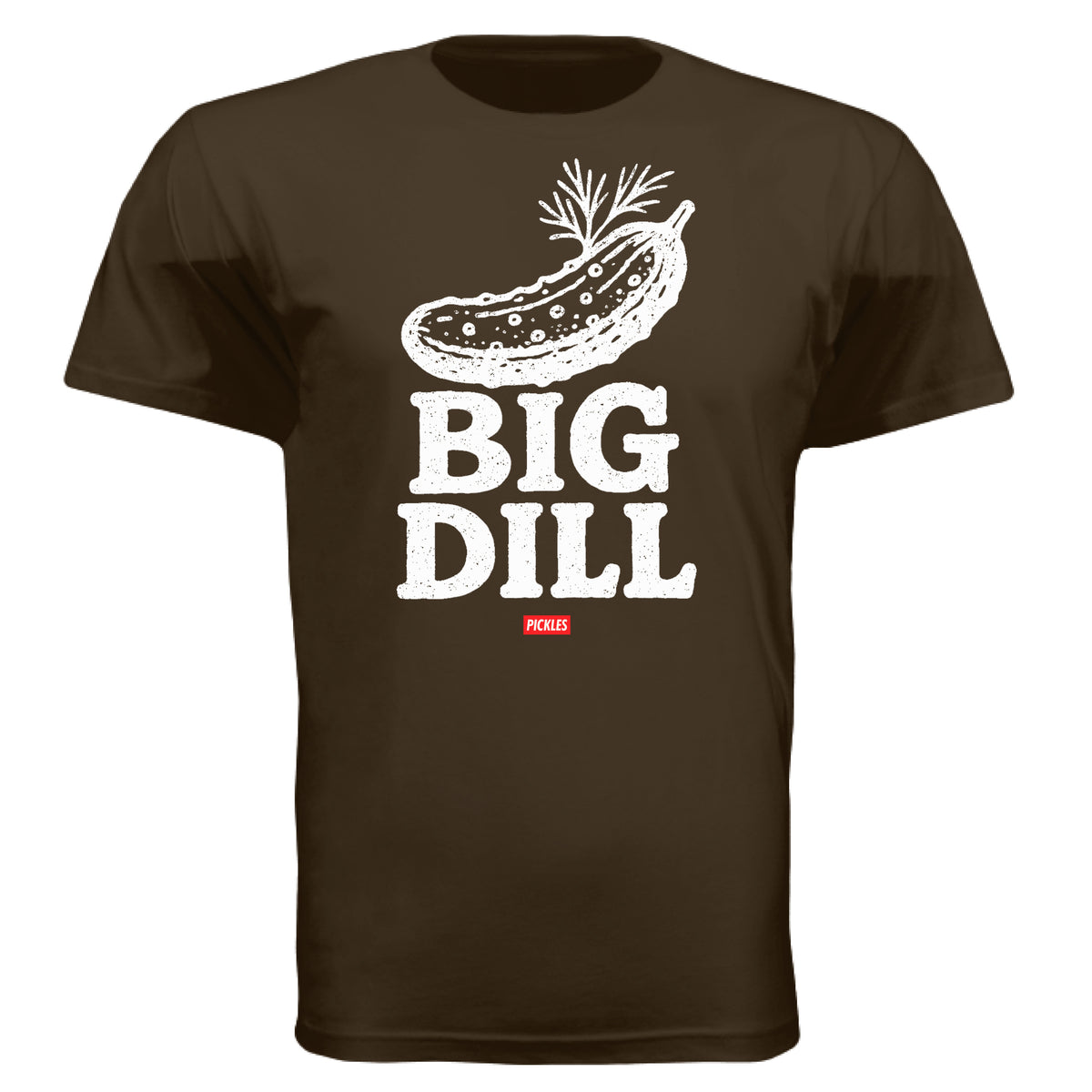 The Big Dill Funny Pickle T-Shirt in Dark Brown, front view