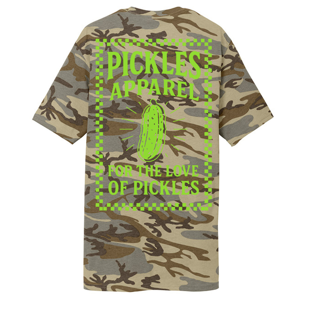 Peace Love Pickles Camo Tee in Desert Camo — back view | vintage lifestyle | Pickles Apparel