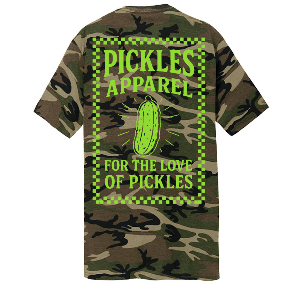 Peace Love Pickles Camo Tee in Military Camo — back view | nostalgic everyday | Pickles Apparel