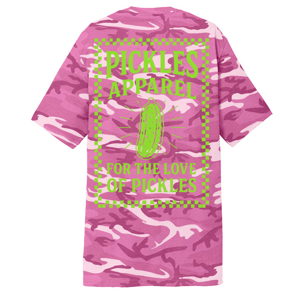 Peace Love Pickles Camo Tee in Pink Camo — back view | vintage lifestyle | Pickles Apparel