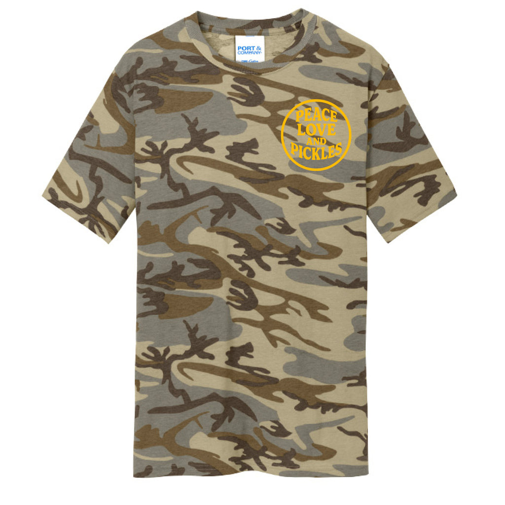 Peace Love Pickles Camo Tee in Desert Camo — front view | heritage lifestyle | Pickles Apparel