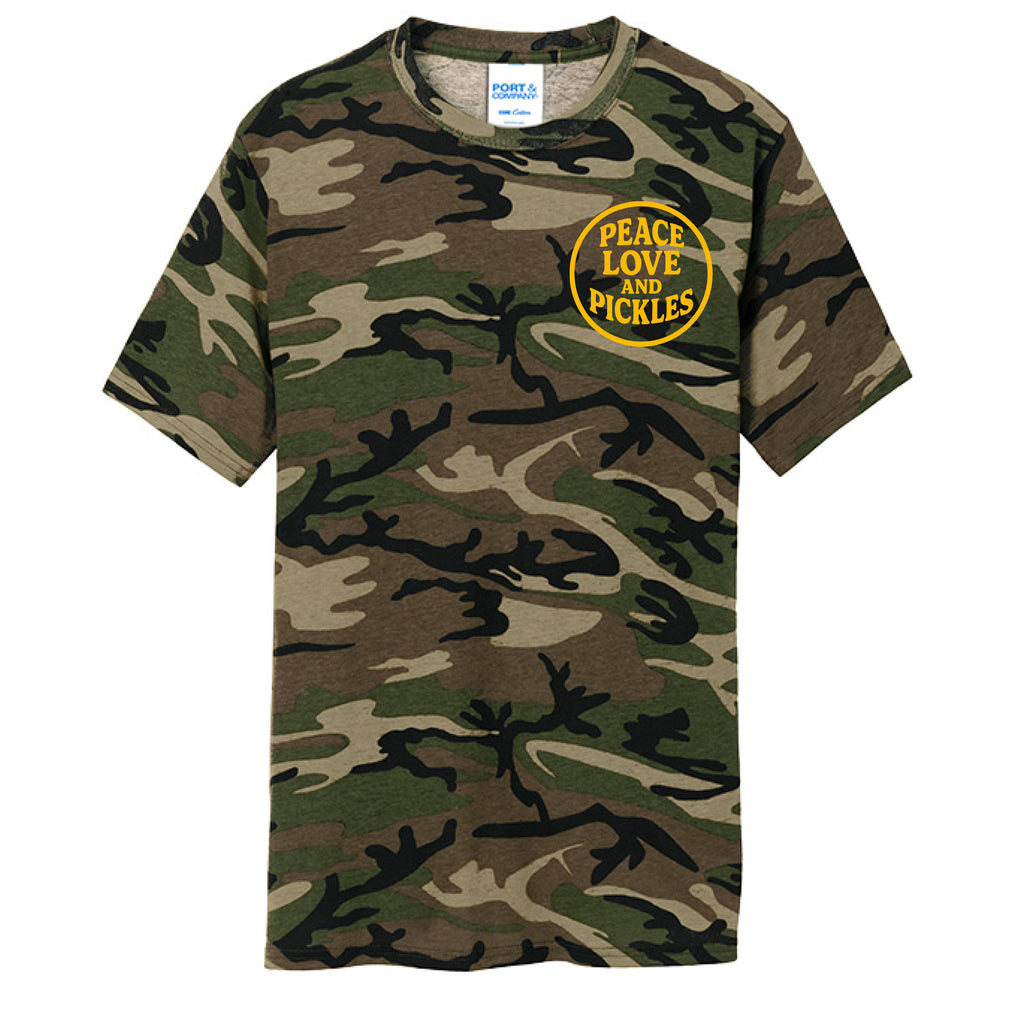 Peace Love Pickles Camo Tee in Military Camo — front view | classic casual | Pickles Apparel
