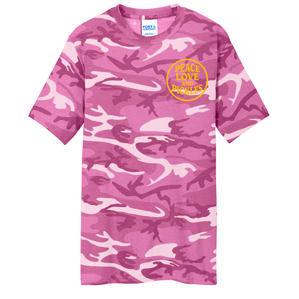 Peace Love Pickles Camo Tee in Pink Camo — front view | heritage lifestyle | Pickles Apparel