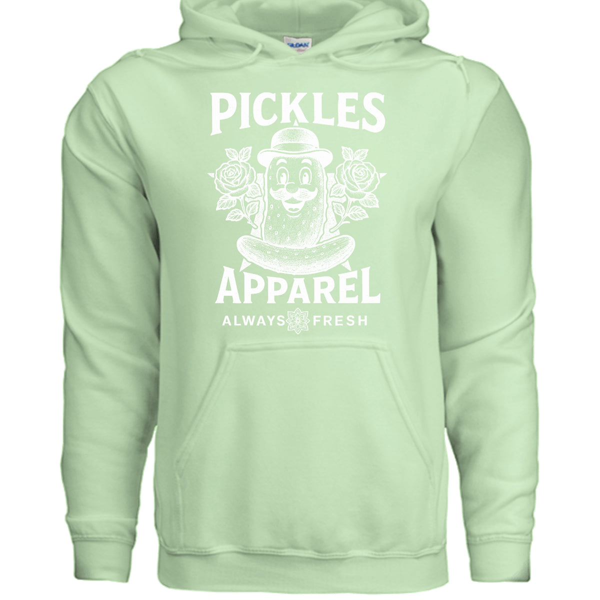 Always Fresh Pickles Fleece Hoodie in Mint Green, front view