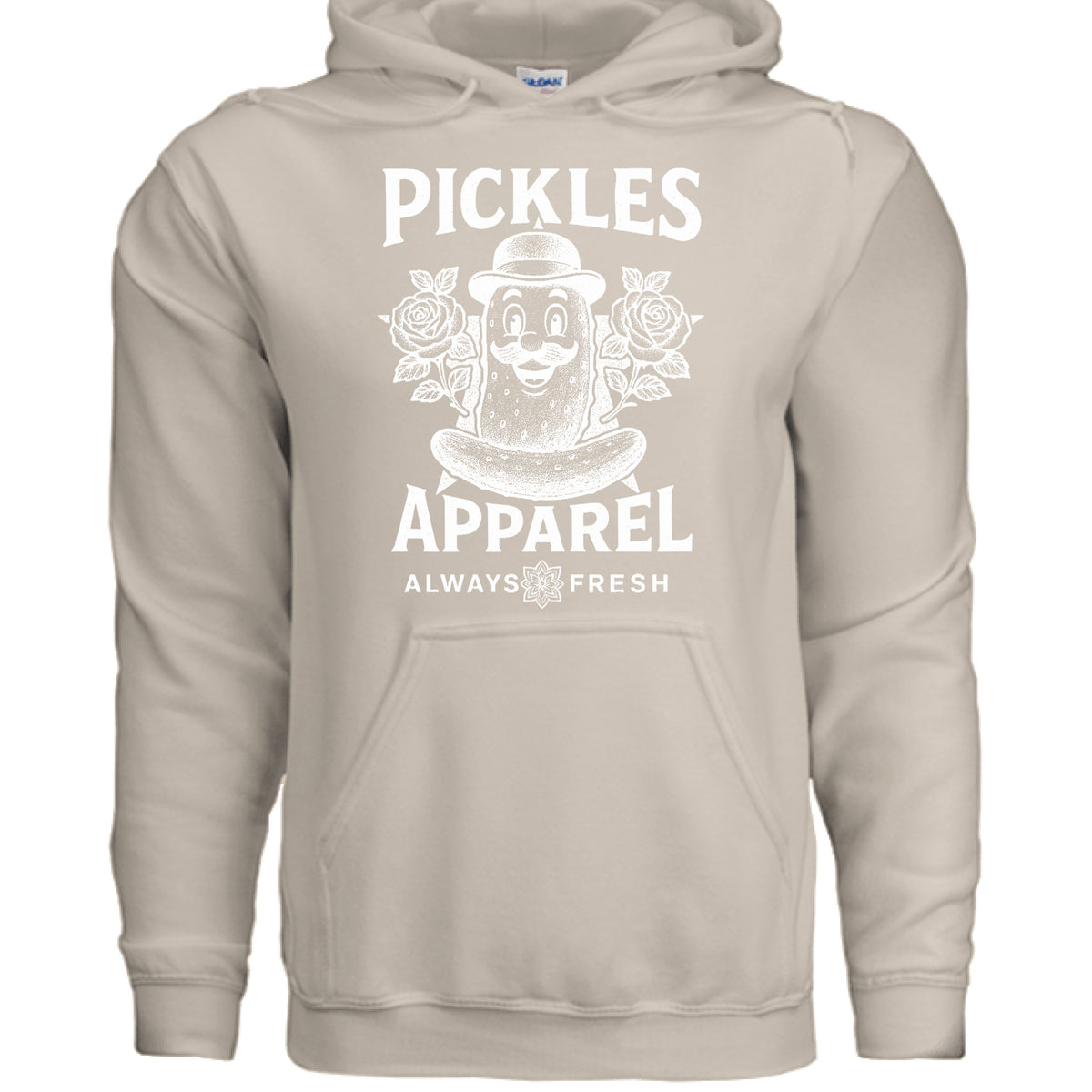 Always Fresh Pickles Fleece Hoodie in SAND, front view