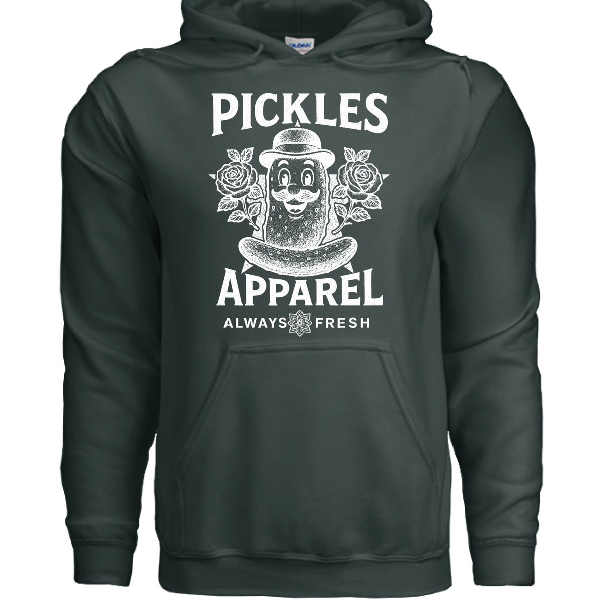 Always Fresh Pickles Fleece Hoodie in FOREST GREEN, front view