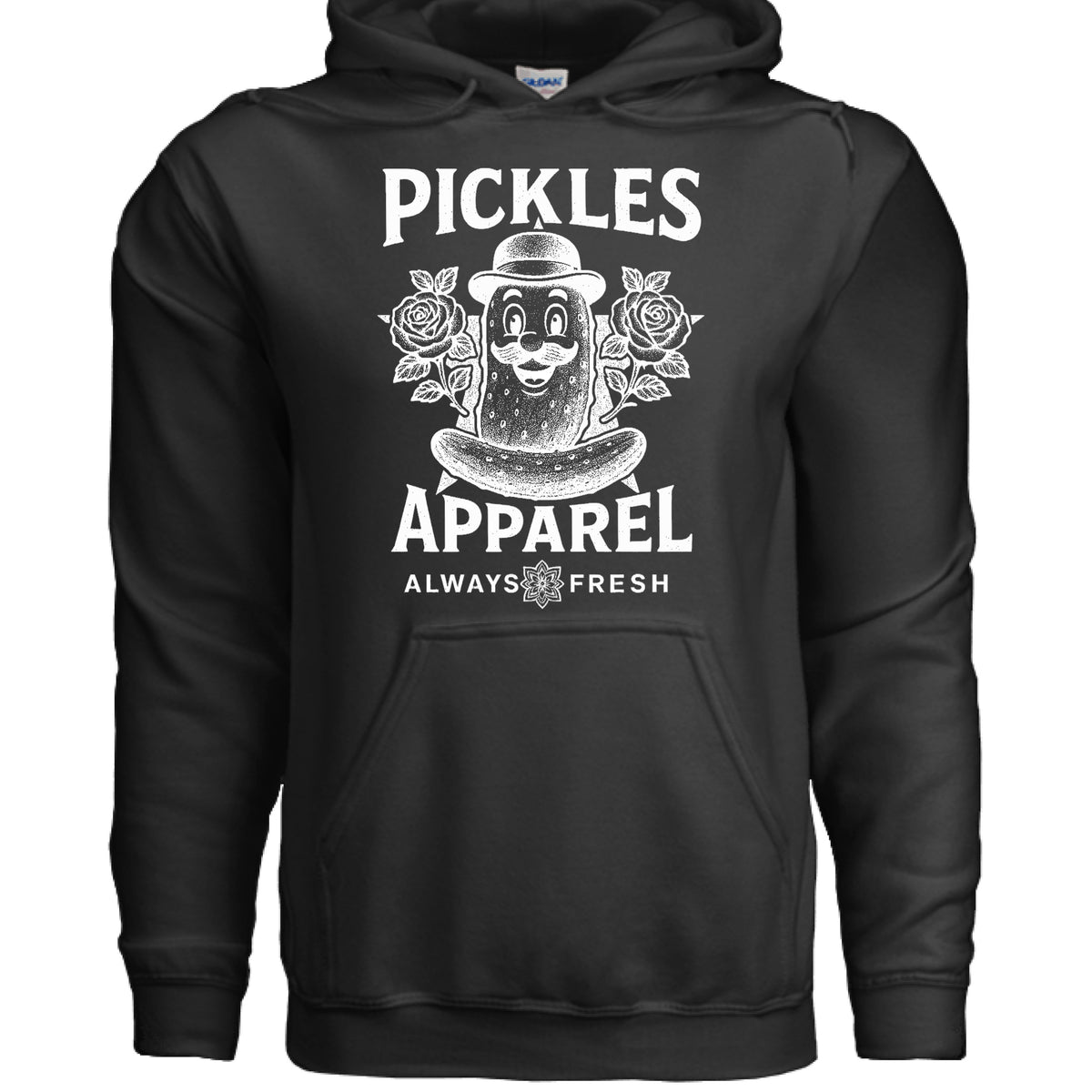 Always Fresh Pickles Fleece Hoodie in BLACK, front view