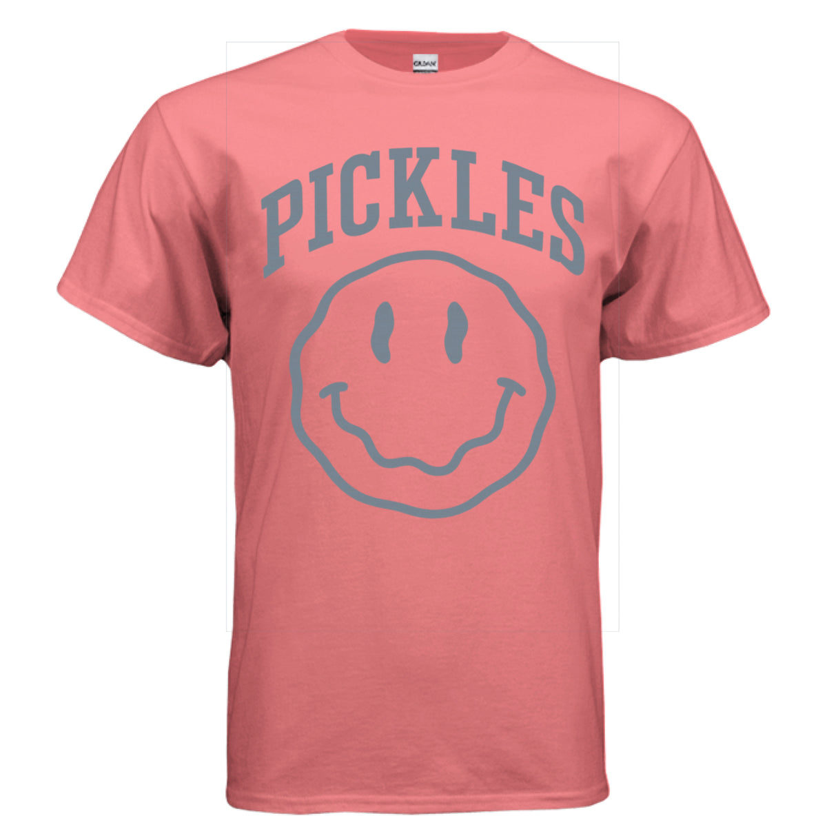 Classic Pickles Retro Logo T-Shirt in CORAL SILK, front view