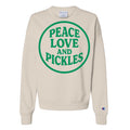 Peace Love and Pickles Women's Crewneck Sweatshirt in Sand — front view | playful pickle gift | Pickles Apparel