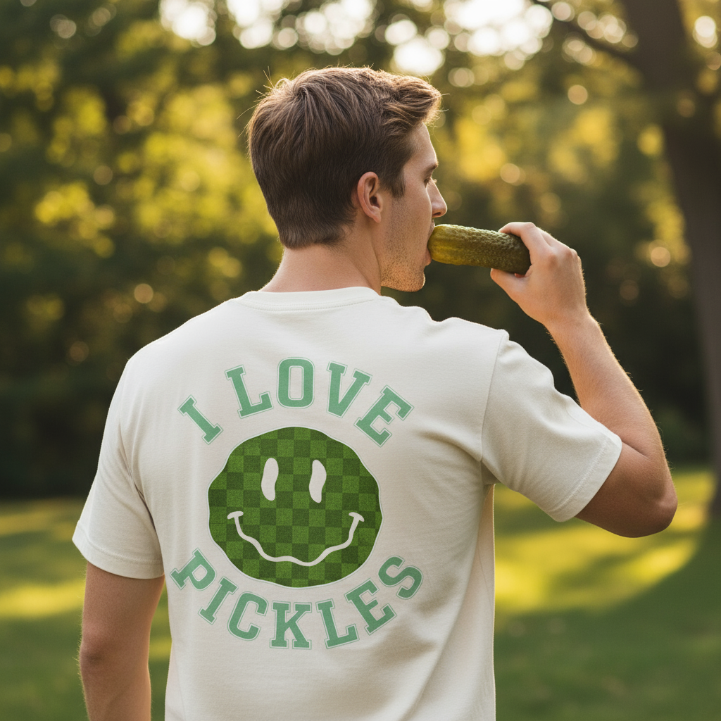 White t-shirt with green text 'I LOVE PICKLES' and smiley face design on a white background