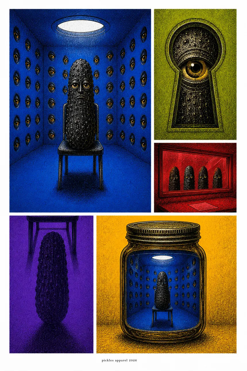 Surreal black pickle seated in a blue observation room lined with watching eyes